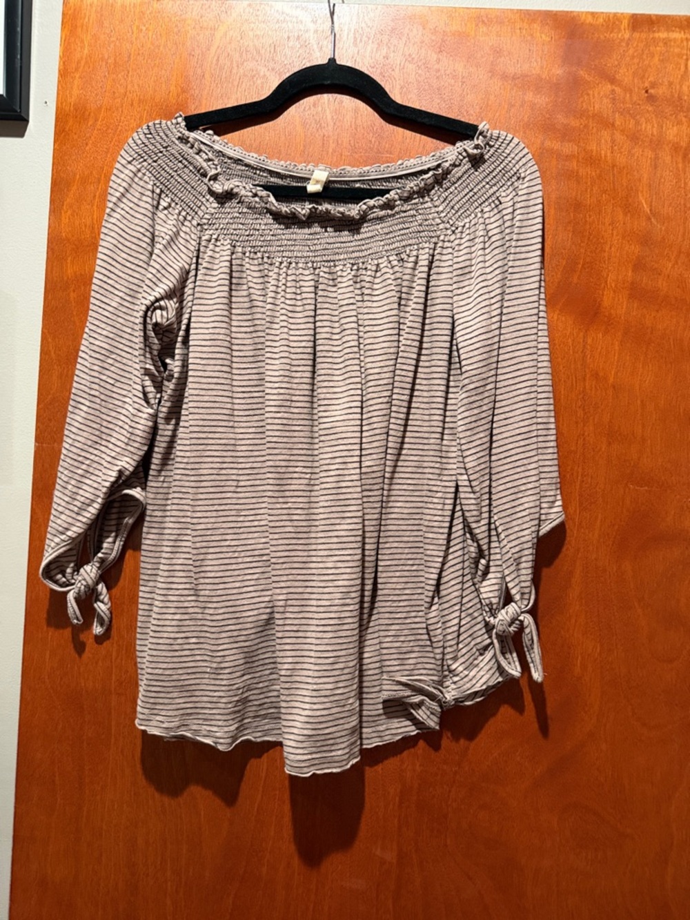 Wishlist Striped Off-Shoulder Blouse in Taupe and Black